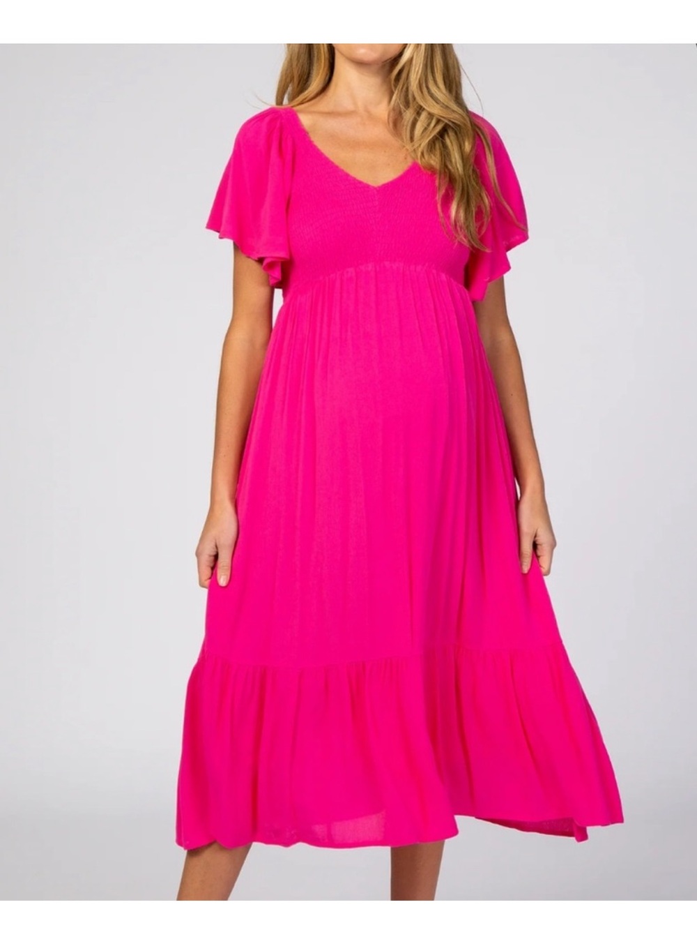 NWOT In Loom | Hot Pink V-Neck Puff Sleeve Maxi Midi Dress Maternity